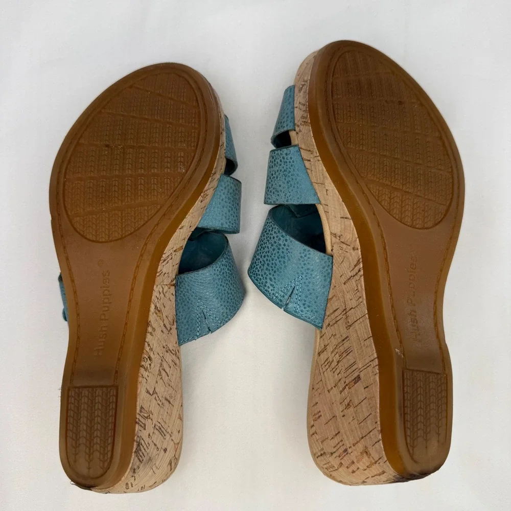 Hush Puppies Womens Teal Blue Textured Leather Cork Wedge Sandals HW05278-441 7